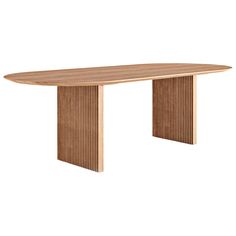 an oval wooden table with vertical slats on the top and bottom, against a white background