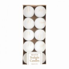 six white tealight candles in a cardboard box on a white background with the words set of 10