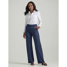 Add a little extra personality to your business casual wardrobe with the Lee® Ultra Lux Comfort Pant. These slacks are built to combine the best of style and comfort, with a sleek design that feels more like wearing lounge wear to the office. They come with a wide leg that fits perfectly all the way to the waist, and gives your legs plenty of room to move. Pair them with a flowy blouse for a look that's as comfortable as it is stylish. 67% Rayon, 28% Nylon, 5% Spandex. Emperor Navy. 2 W / 33 Inc Relaxed Fit Wide-leg Dress Pants For Workwear, Office Lady Workwear Pants With Pockets, Relaxed Fit Wide Leg Ankle-length Pants For Office, Relaxed Fit Straight Dress Pants For Office, Tailored Office Lady Pants, Tailored Bottoms For Office Wear, Versatile Fitted Wide Leg Pants For Business Casual, Casual Tailored Ankle-length Dress Pants, Tailored Ankle-length Casual Dress Pants