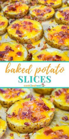 baked potato slices with cheese and bacon on top in a baking dish for breakfast or brunch