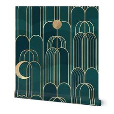 a green and gold art deco style wallpaper with an abstract design on it's side