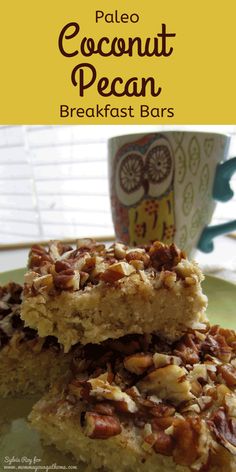 pale coconut pecan breakfast bars stacked on top of each other