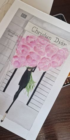 a drawing of a person holding a bunch of flowers in front of a window with the words christian dove on it