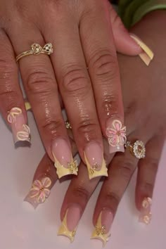 Acrylic Nails With Flowers, Yellow French, Punk Nails, Long Acrylic Nails Coffin