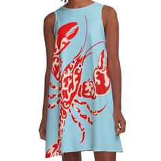 Loose-fit, mid-length sleeveless dress with silky handfeel. Printed on both sides. Machine washable. Size range XS-2XL. As a child, I was always intrigued by these critters. Their hard exterior, the maze-like patterns on their bodies, and that fiery red color after they were cooked - it all felt so exotic to my young self. Lobster Print, Bold Dresses, Maine Lobster, Preppy Dresses, Fiery Red, Woven Dress, Dress For Sale, Dress Fabric, Trending Topics