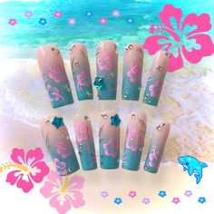 Gyaru Press On Nails, Summer Gyaru Nails, Duck Nails Gyaru, Tropical Core Nails, Gyaru Nails Charms, Gyaru Nails Tropical, Cute Nails Easy, Tropical Acrylic Nails, Blue Gyaru