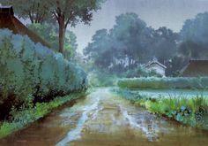 an oil painting of a wet road in the rain with houses and trees on either side