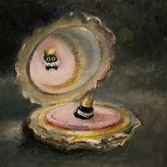 an oil painting of a pink and yellow object on a black surface with a gold ring in the center