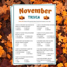 the november trivia is surrounded by autumn leaves and other things to do with it