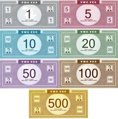 five different colored bills with numbers on them