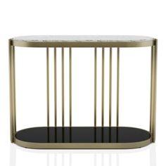 the side table with marble top and metal bars on one end, in black and gold