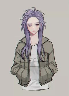 a drawing of a girl with purple hair and an unkempt jacket, standing in front of a gray background