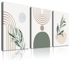 three canvases with different designs on them, one is white and the other has green leaves