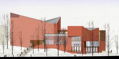 an architectural rendering of a red building with trees in the foreground and snow on the ground