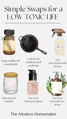 With so many toxins around us, it's hard to know where to start to begin living a more low toxic lifestyle. Here are some very simple swaps to make that you likely encounter daily! Visit to learn more about the most toxic things in your daily life and simple ways to change them! Modern Homemaker, Nontoxic Cleaning, Waste Free Living, Toxin Free Living, Environmentally Friendly Living, Homemade Essential Oils, Healthy Swaps