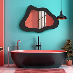 a bath tub sitting under a mirror next to a potted plant in a bathroom