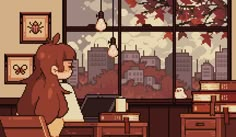 a pixel art image of a person sitting at a desk in front of a window