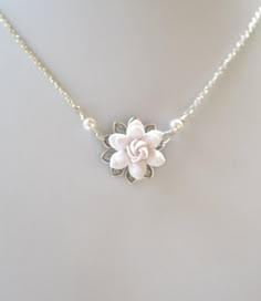 White Gardenia Necklace. Gardenia Necklace Drop Necklace. White Bridal Gardenia Necklace. BRADLEY. Feminine White Flower Pendant Jewelry, White Flower Pendant Jewelry With Flower Decoration, White Flower Pendant Jewelry With Floral Decoration, Delicate White Jewelry For Bridesmaid Gift, Feminine White Jewelry For Bridesmaid Gift, Delicate Pearl White Flower-shaped Jewelry, White Feminine Necklace With Flower Charm, White Flower Necklace For Wedding, White Flower Jewelry For Bridesmaid Gift