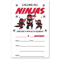 a birthday party card with ninjas on the front and bottom, in red text