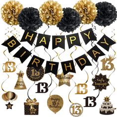 happy birthday decorations with black and gold balloons, streamers and tissue pom poms