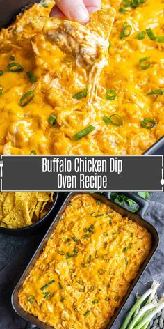 buffalo chicken dip over rice in a casserole dish