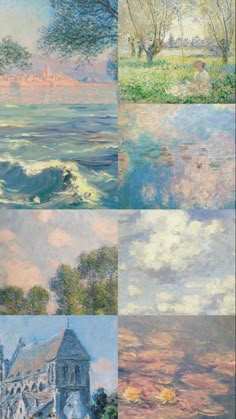 four different types of paintings with trees in the background