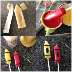 four pictures showing different types of food on sticks