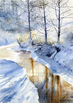 a watercolor painting of trees and snow on the bank of a small river in winter