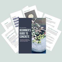 the beginner's guide to concrete brochure is shown in three different colors