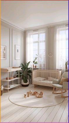 a baby's room with a crib, rocking chair and potted plant