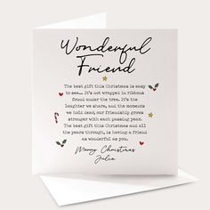 a card with the words wonderful friend written on it and an image of christmas decorations