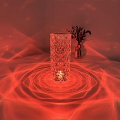 a vase with some flowers in it sitting next to a red light effect wallpaper