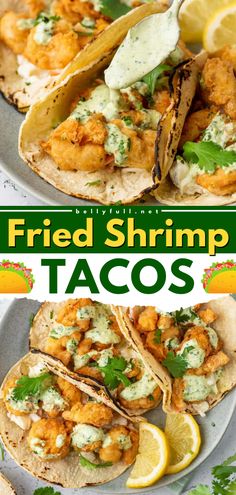 Easy Cinco de Mayo food in under 30 minutes! You'll be craving this Cinco de Mayo party idea again and again. Made with popcorn shrimp, slaw, and a cilantro lime dressing, this fried shrimp taco recipe is delicious! Shrimp Slaw, Fried Shrimp Tacos, Fried Shrimp Recipes Easy, Shrimp Taco Recipe, Healthy Shrimp Tacos, Crispy Fried Shrimp, Shrimp Tacos Easy, Fried Shrimp Recipes, Shrimp Taco Recipes