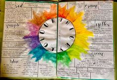 an open book with a clock painted on the pages and words written in rainbow colors