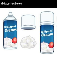 three bottles of whipped cream and one bottle of strawberry milk with strawberries on top