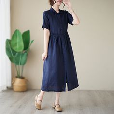 Women's Cotton Linen Dress Crew Neck Short Sleeve Single Breasted Midi Dress Solid Dress Fitted Casual Linen Dress, Solid Non-stretch Midi Length Dress, Casual A-line Dresses With Buttons, Solid Knee-length Dress For Daywear, Knee-length Dress For Daywear, Spring Knee-length Short Sleeve Dress In Solid Color, Casual Mid-length Dress Down Dresses, Non-stretch Mid-length Dress For Day Out, Non-stretch Knee-length Sundress