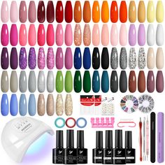 PRICES MAY VARY. [PHOENIXY Gel Nail Polish Kit with Nail Lamp]: 40 colour 7ml gel nail polish, 2PCS 7ml base coat, 7ml top coat, 7ml matte top coat, nail decorations and other manicure tools. A cost-effective kit for manicure beginners and lovers. With some practice, you can get beautiful nail art for all seasons and occasions- parties, holidays, work or daily life. [48W U V LED Nail Light]: Our auto-sensing 48W UV LED nail lamp contains 30 led light beads to efficiently cure each nail in all di What Are Acrylic Nails, Nail Polish Kit, Uv Nail Lamp, Gel Nail Kit, Nail Polish Kits, Nail Polish Set, Gel Nail Polish Set, Led Nail Lamp, Nail Lamp