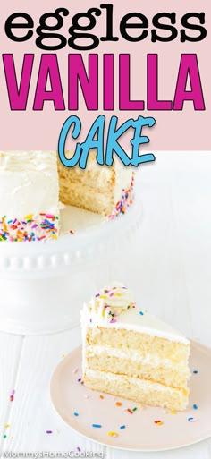 an eggless vanilla cake with white frosting and sprinkles on a plate