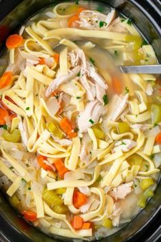 the crockpot chicken noodle soup is ready to be eaten