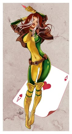 a drawing of a woman dressed in yellow and green holding a deck of playing cards