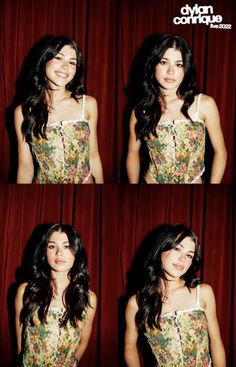 four different pictures of a woman with long dark hair wearing a floral dress and smiling at the camera