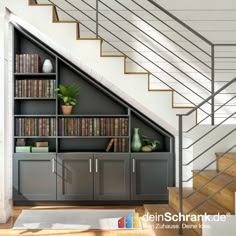 a bookshelf under the stairs in a house