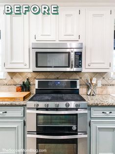 a kitchen with white cabinets and stainless steel appliances, including an electric stove top oven