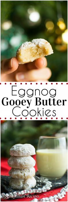 eggnog gooey butter cookies are stacked on top of each other