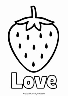 a strawberry with the word love on it's front and back side, outlined in black ink