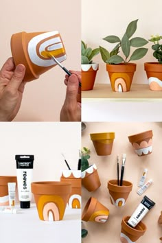 several photos of pots with plants and toothbrushes in them, including one being used as a planter