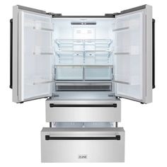 an open refrigerator and freezer combo with the doors wide open