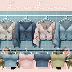 four blouses hanging on a rack in front of a pink background with the words romo roupoist