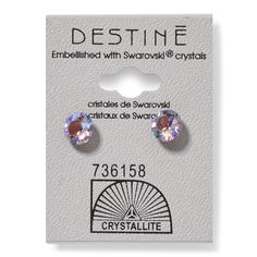 pair of crystal earrings in white packaging with brown and pink crystals on the front side