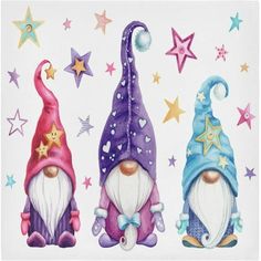 three colorful gnomes with stars in the background and one is wearing a purple hat